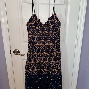 Chic Lace Midi Dress in Navy and Tan